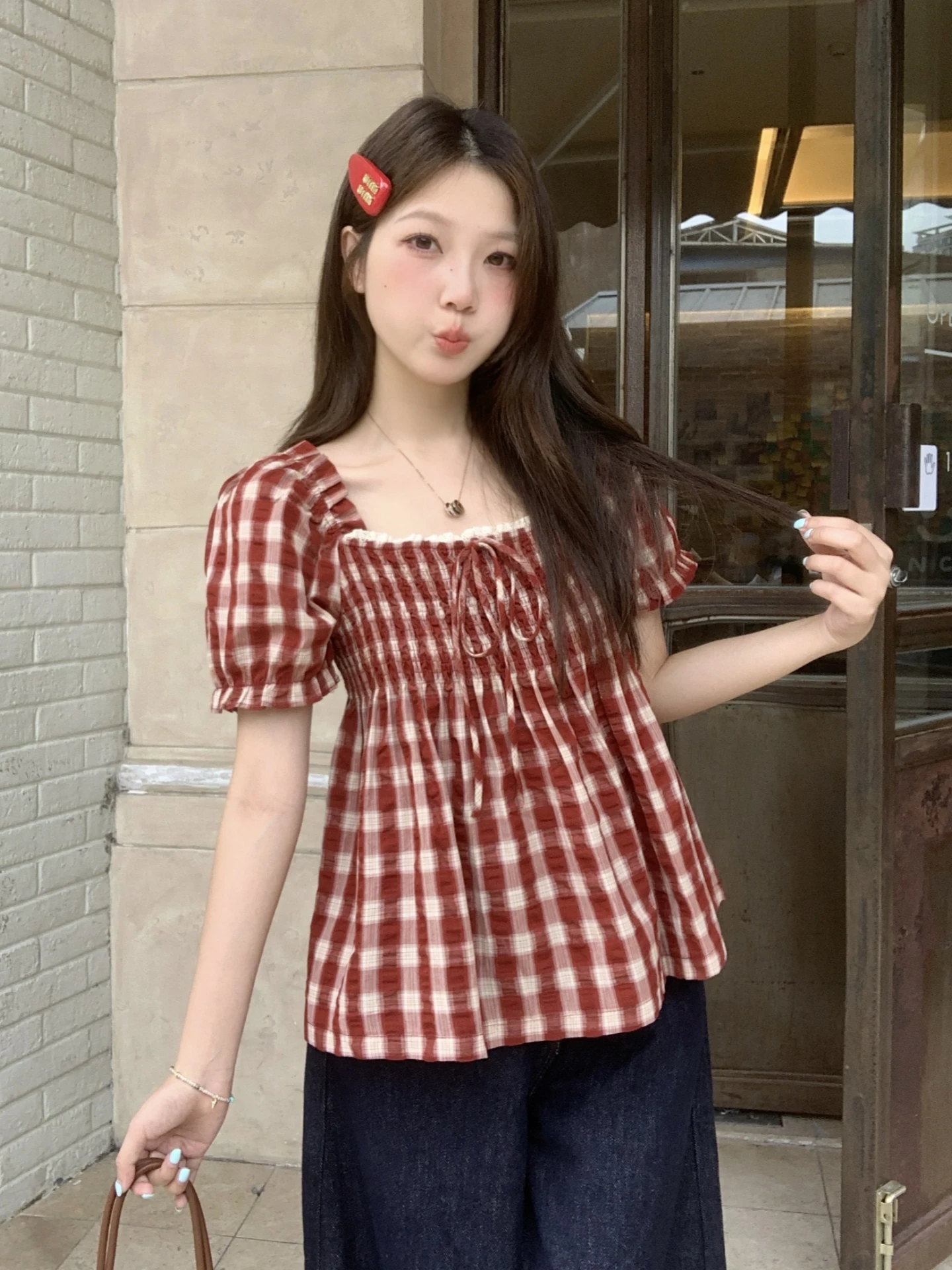 Summer Women's Plaid Bubble Sleeve Shirt Square Collar Slimming Design Sweet Short Sleeve T-Shirt Korean Style Loose Fit