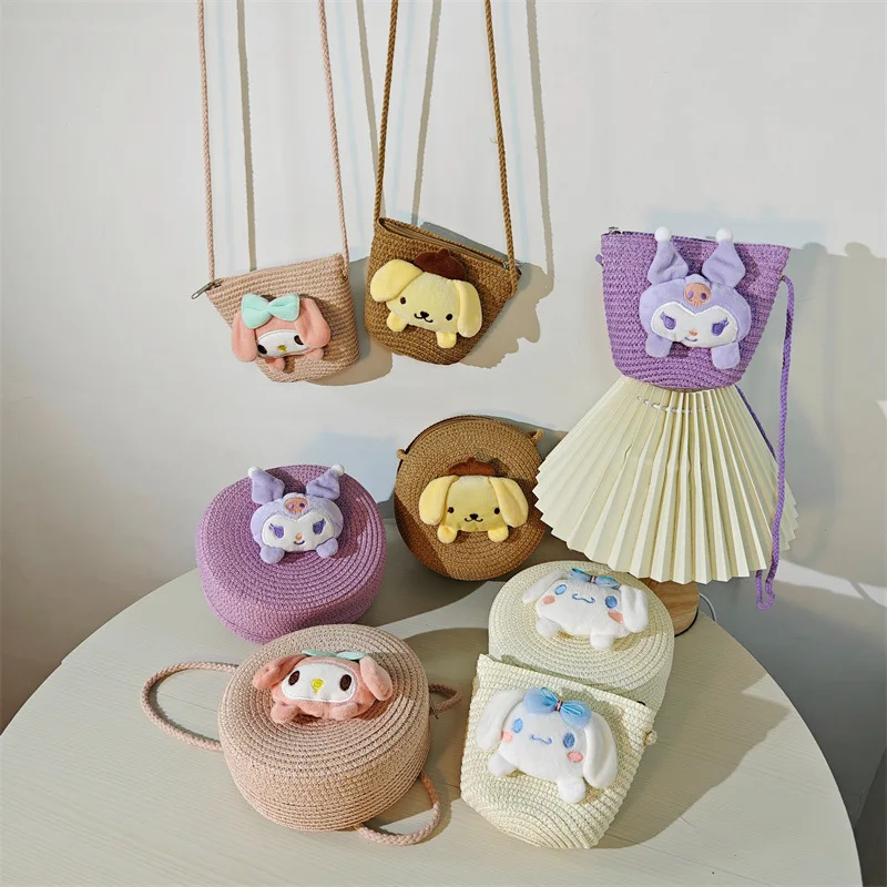 Hot Sanrio Kawaii Storage Box Hello Kitty Cartoon Fashion Shoulder Bags Kuromi Cute Cartoon Straw Bag Cotton Rope Storage Basket