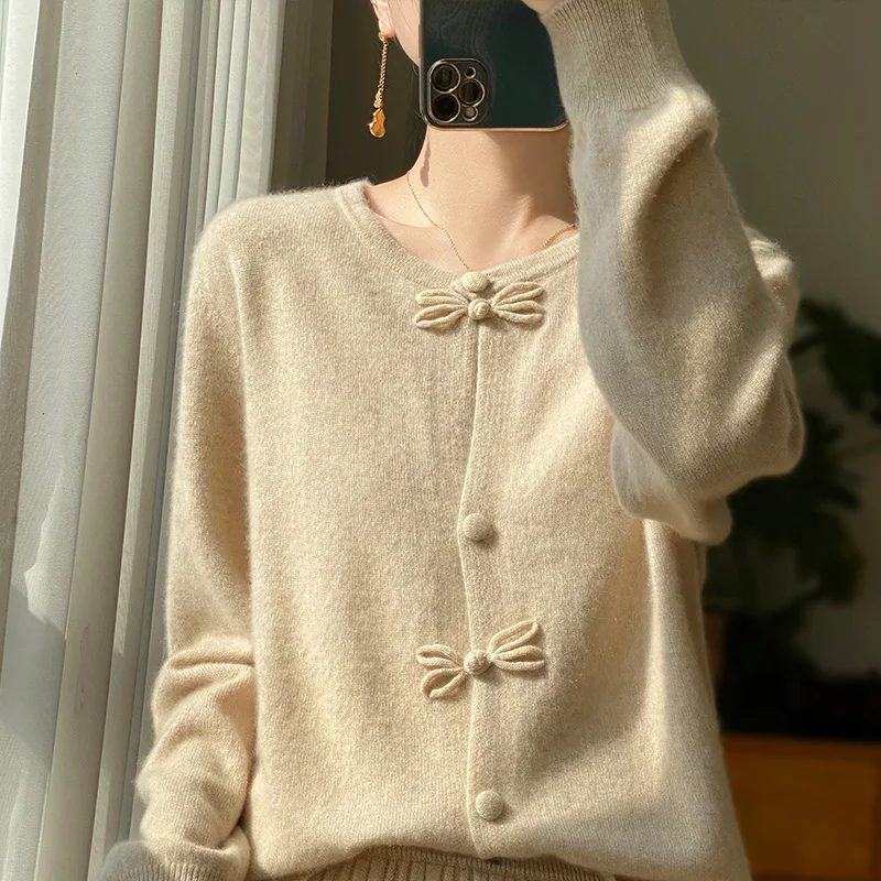 Women New Fashion Autumn Winter 100% Merino Wool Sweater O-neck Chinese Style Buckle Cardigan Soft Knitwear Female Clothing Tops