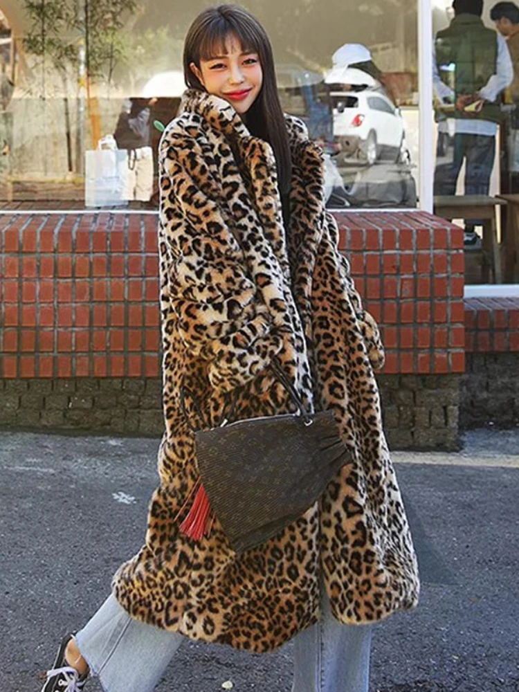 Faux Fur Women Long Coats Autumn Winter Leopard Print Jackets Turn Down Collar Maxi Full Sleeve Coat Thick Warm Open Stitch