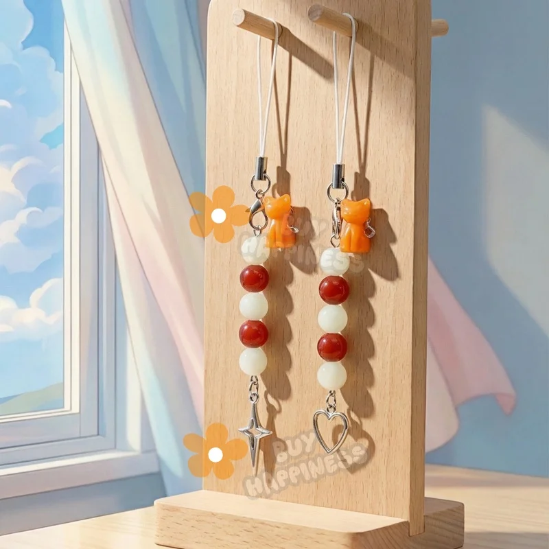 handmade kawaii Kyo-Inspired Cat Phone Charm - Beaded Pastel Anime Vibe Phone Strap for Bags/Phones