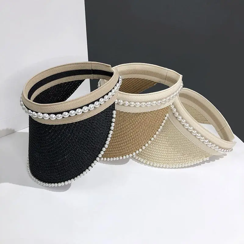 1pc Women's Summer New Fresh Beach Hat With Pearls Open Top Sun Hat Fashionable Raffia Straw Hat