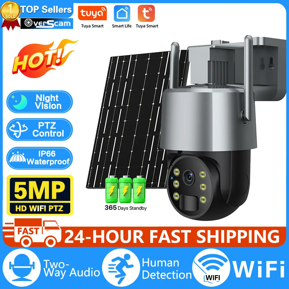 

5MP HD Wireless Outdoor Wifi Solar PTZ Camera CCTV Solar Panel Recharge Li-Batteries Surveillance Camera Works With Tuya APP