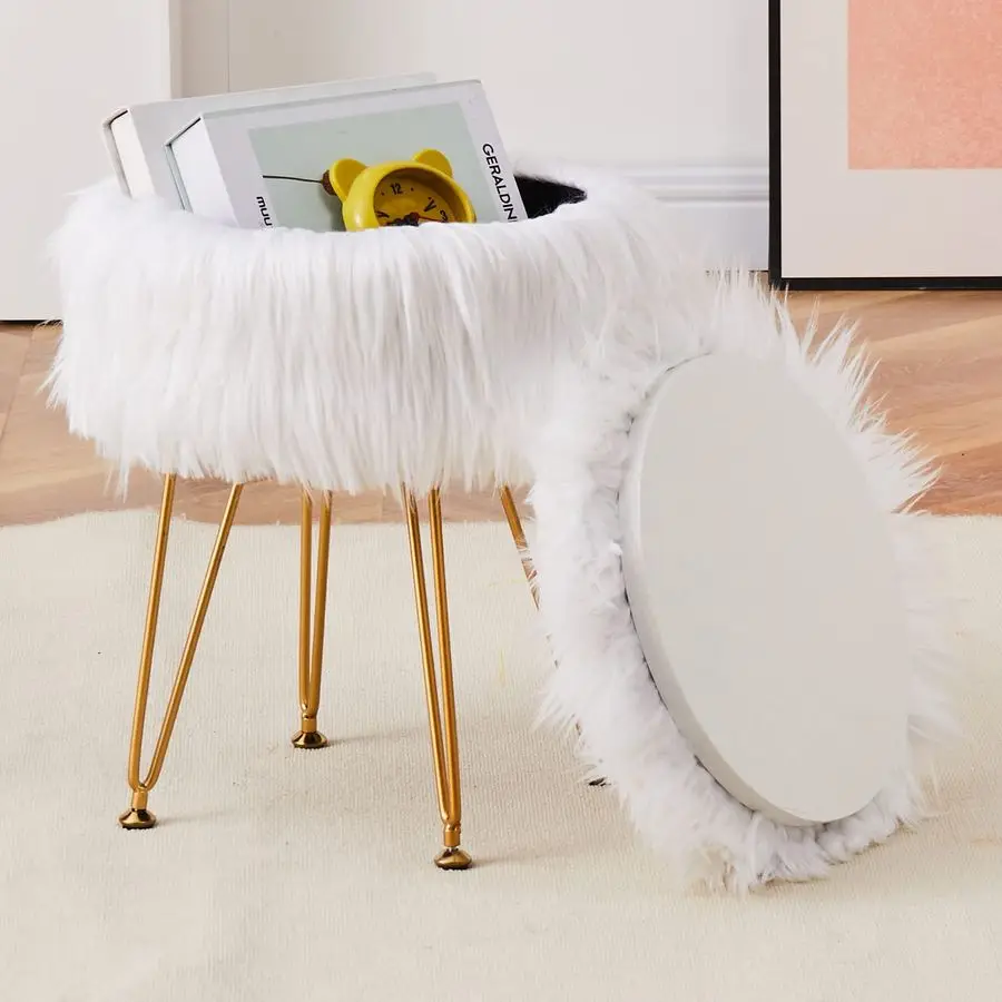 

Faux Fur Storage Ottoman Round Furry Vanity Stool Marble Grain Tray Coffee Table Compact Footrest with 4 Metal Legs Soft Makeup
