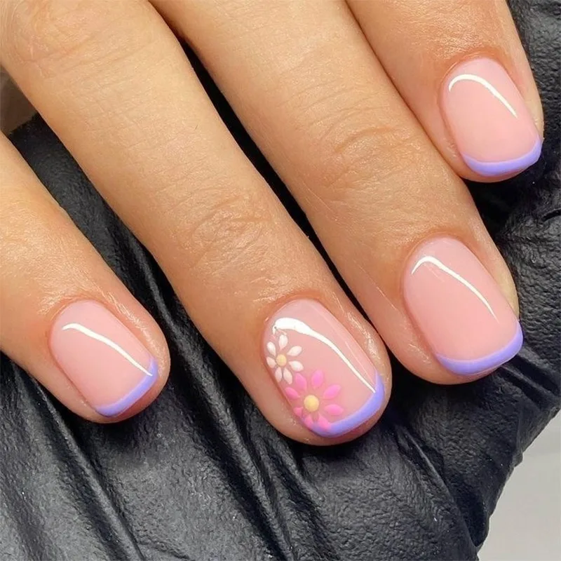 

24pcs Wearable Press on Nails Sets Simple Sunflower False Nail Short Round Full Cover Nail Tips Fashion Ins Fake Nails Art