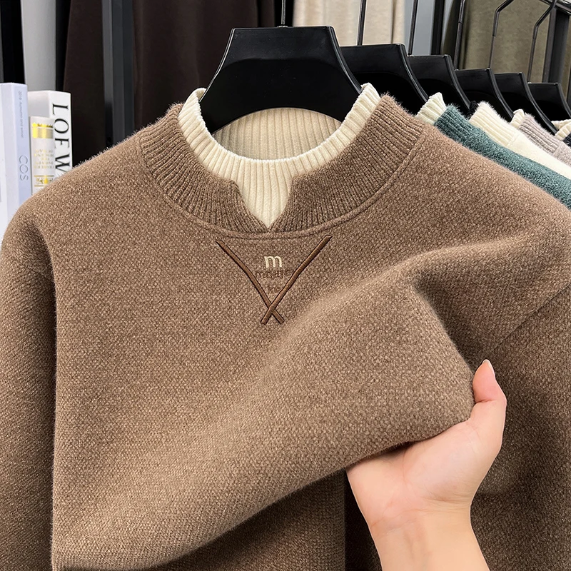 Luxury Brand knitted fake two-piece sweater men's new fashion letter embroidered pullover sweater plush thicken warm winter top