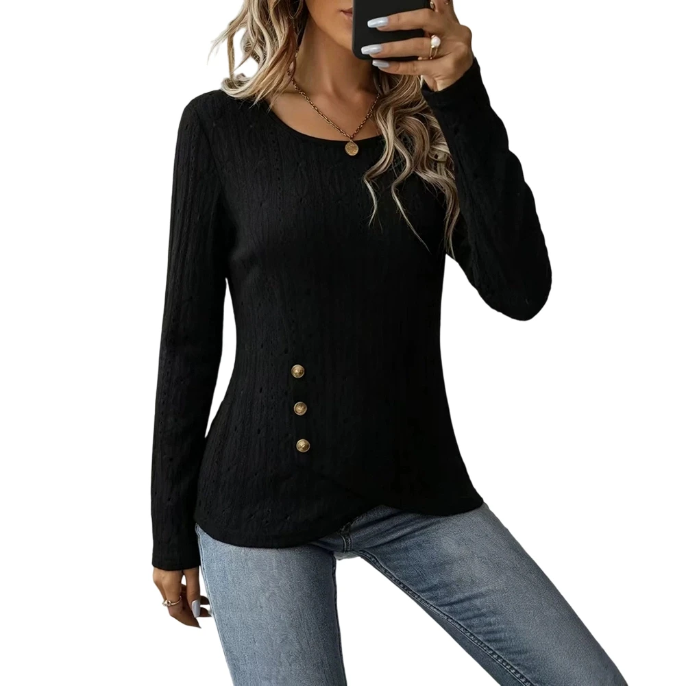 Jacquard Pattern Womens Tshirt For Slim for Fit Hollow Detail Irregular Hem Long Sleeve Round Neck Blouse for Spring Autumn