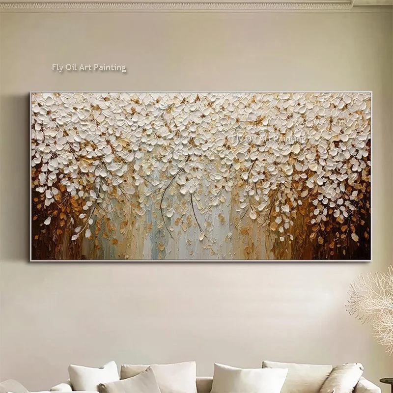 البني والأبيض الزهور الصغيرة جدار الفن سكين سميكة النفط Pianting اليدوية تصميم عصري بسيط أصفر بيج الأزهار ديكور فني