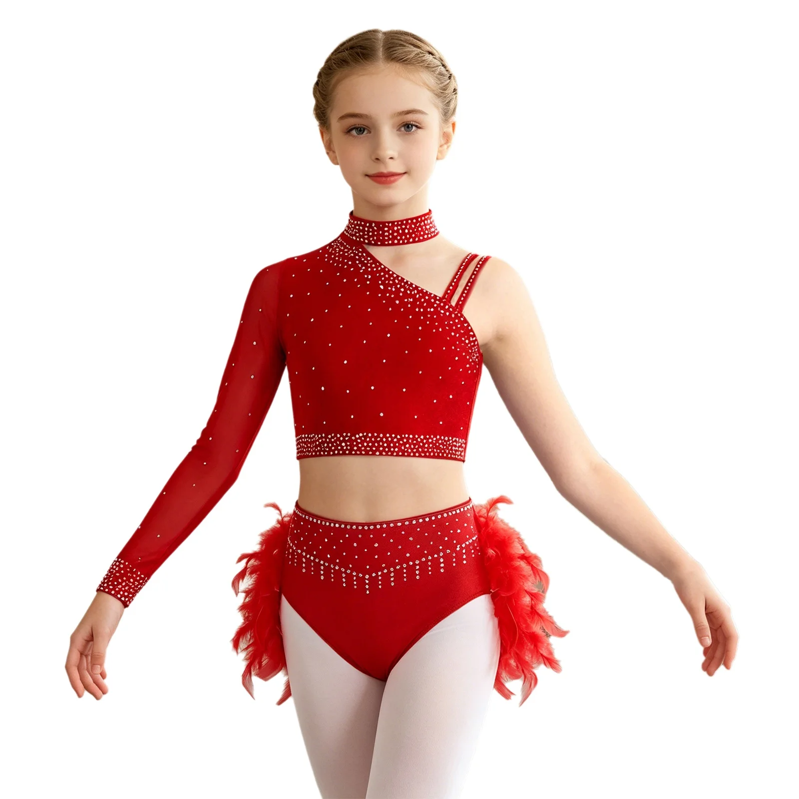 Kids Girls Figure Skating Outfit Modern Lyrical Latin Jazz Dance Cha-cha Costume Shiny Rhinestone Crop Top with Feather Briefs