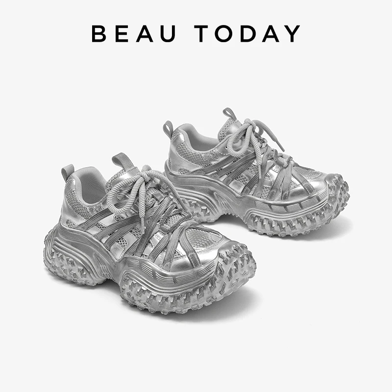 BEAUTODAY Fashion Sneakers Split Leather Mesh Round Toe Sick Sole Sewing Lace-up Casual Ladies Shoes Handmade MS2C031