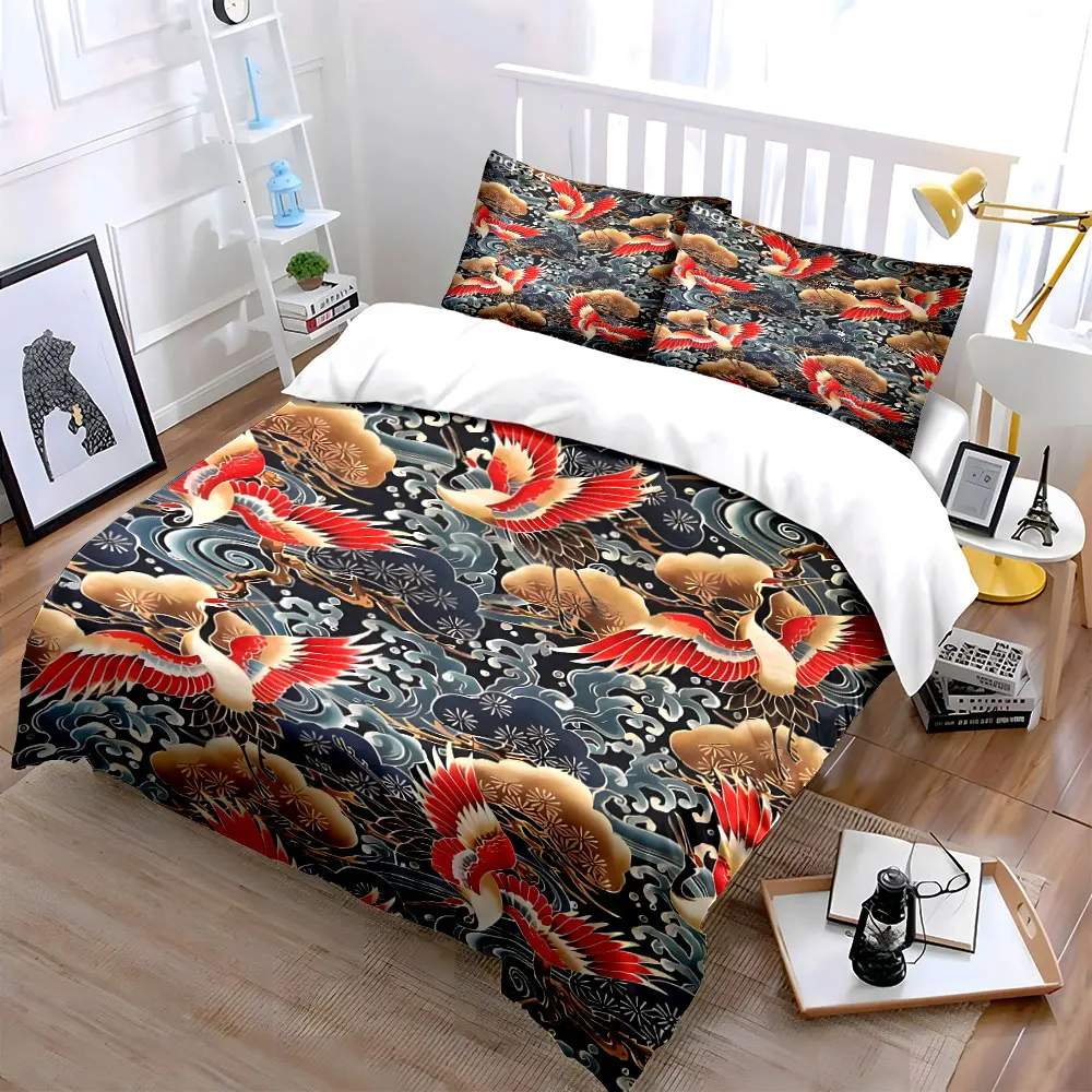 Japanese Red Crane and Cloud Pattern Bedding Set for Kids Luxury Gift 3pcs Digital Print Comforter Set Soft Comfortable