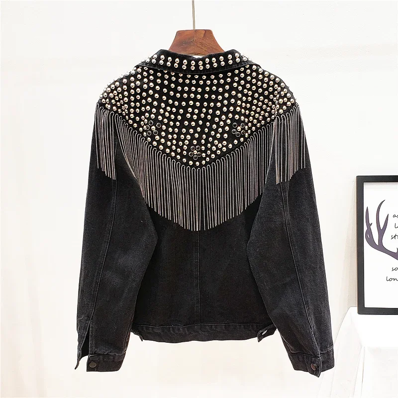 Rivet Tassel Denim Jackets Women Korean Fashion Loose Long Sleeve Short Outerwear Black Blue Jeans Jacket Coat Female Streetwear