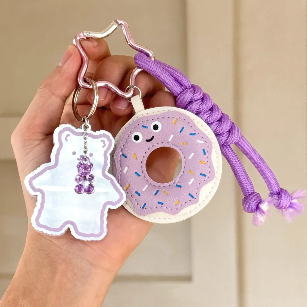 Cartoon PU Leather Gourmet Donut Keychain Flower Little Elephant Basketball Football Pendant Keyring Car Bag Charms Keyfob Gift