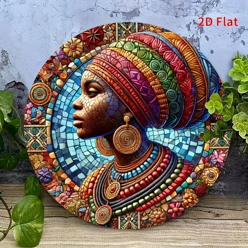 2D flat printing art decoration featuring African women - 1 circular wooden signboard measuring 8x8 inches, pre-drilled holes.