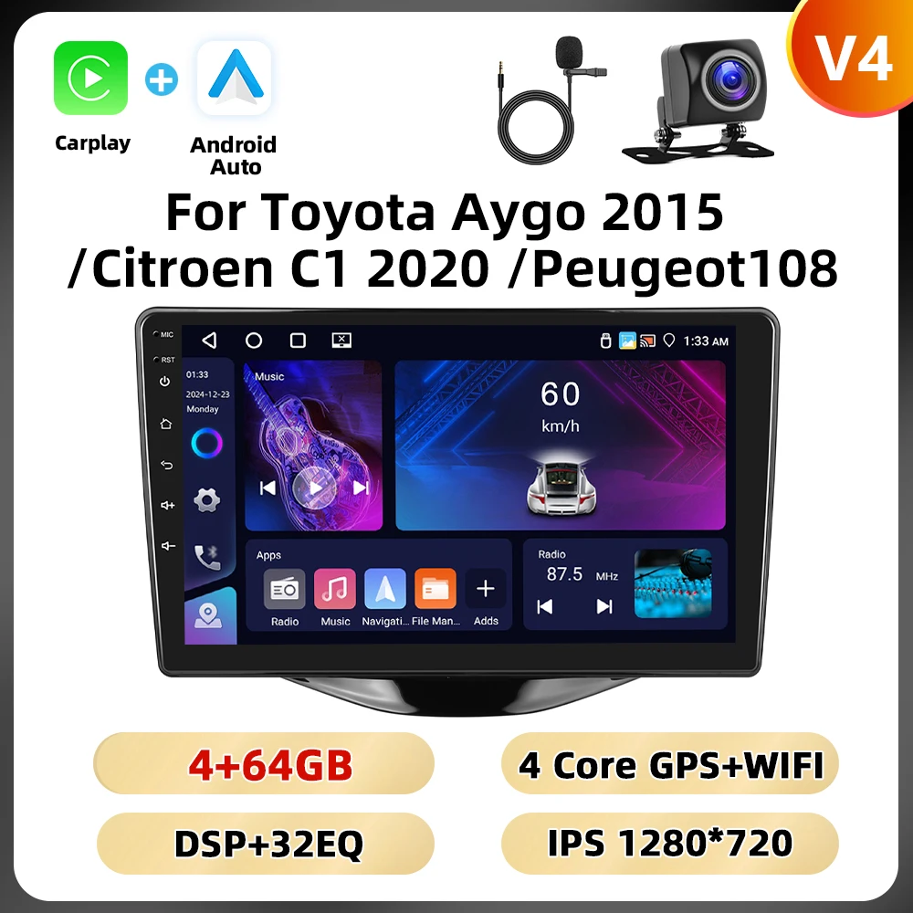 Podofo 8Core 2Din Autoradio Voor Toyota Aygo 2015/Citroen C1 2020/Peugeot 108 Multimedia Speler navigatie WIFI 4G Carplay DSP