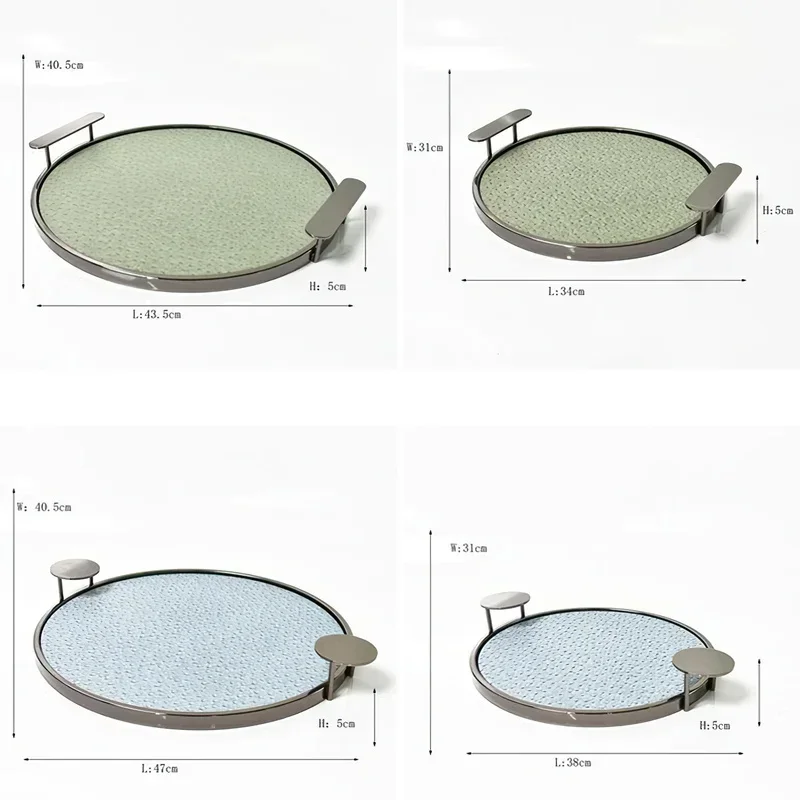 Decorative Metal Leather Presentation Tray Large Green Round Handle Storage Jewelry Makeup Organizer Tray Home Decoration