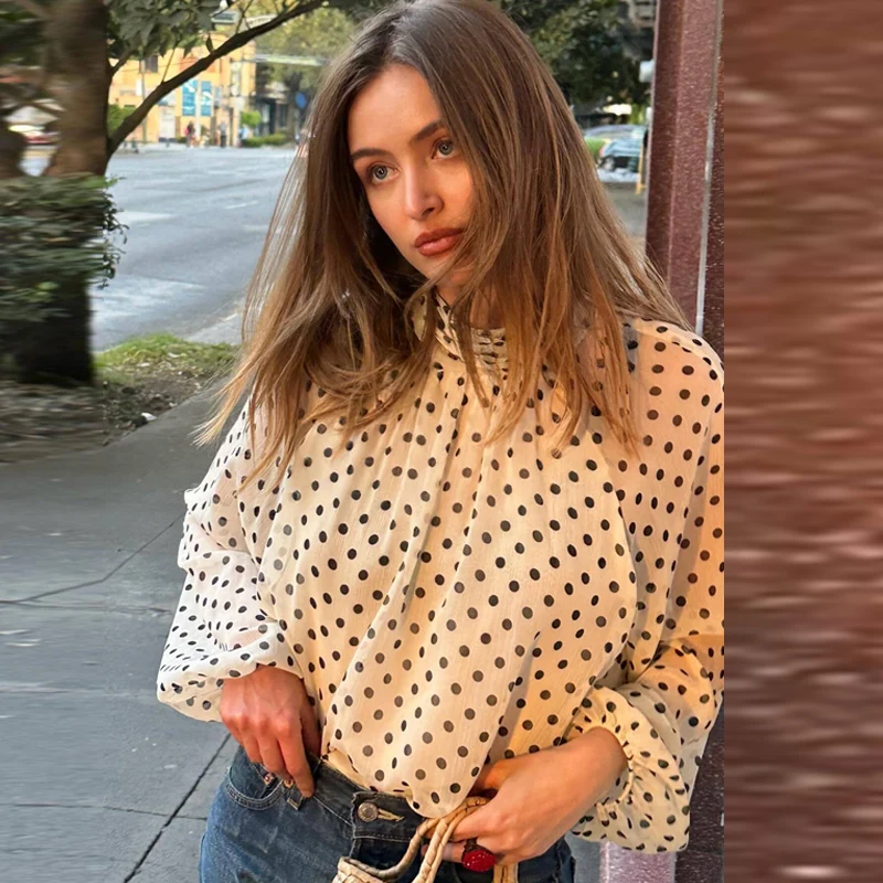 HXAO Polka Dot Oversized Top Women's Blouse Summer 2026 Boho Brown White Shirt Chiffon See -Through Long Sleeve Tops For Woman