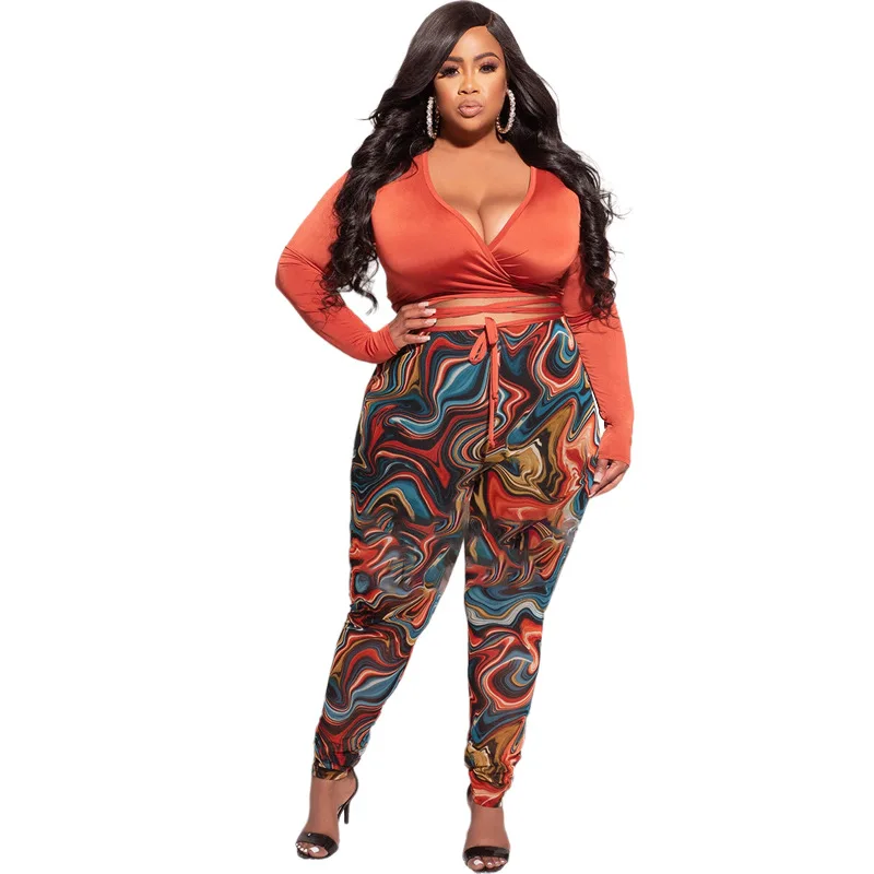 SOMO Elastic Plus Size Women Clothing Two Piece Set Skinny V Neck Crop Top and Printed Long Pants Outfits Wholesale Dropshipping