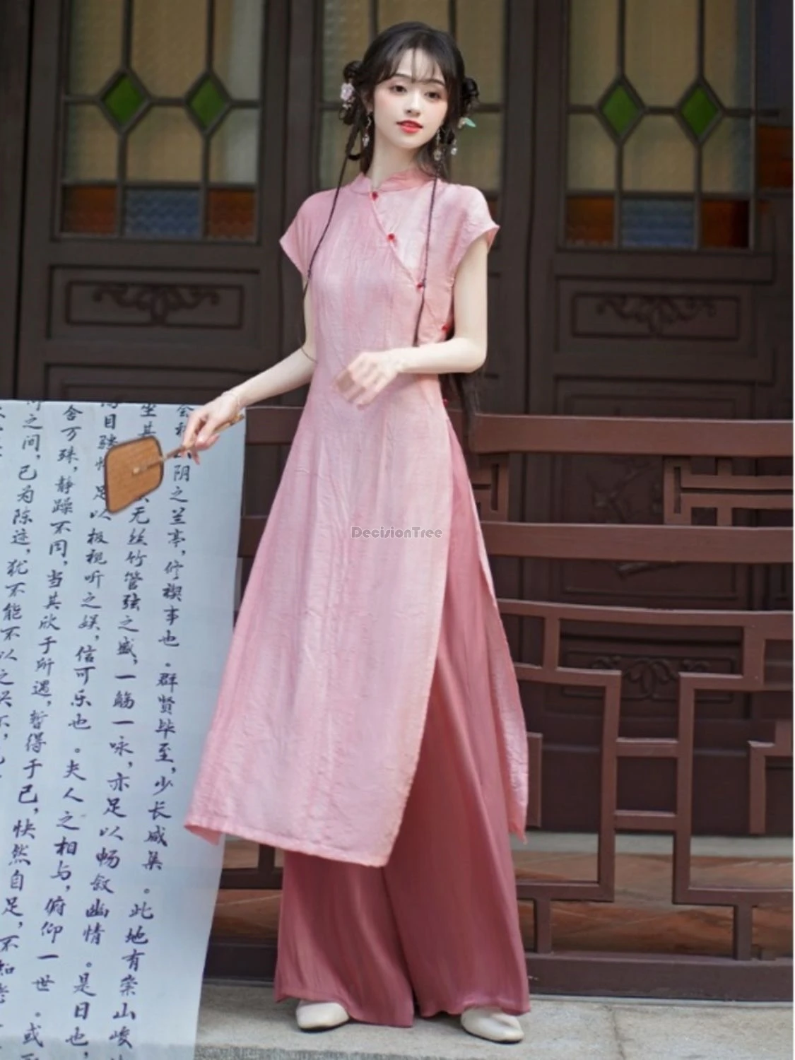 2025 neue chinesische stil verbesserte retro kurzarm stehkragen cheongsam kleid lose lange hosen zwei stück qipao-sets frauen b192