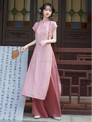 2025 nieuwe chinese stijl verbeterde retro korte mouw stand kraag cheongsam jurk losse lange broek tweedelige qipao sets vrouwen b192