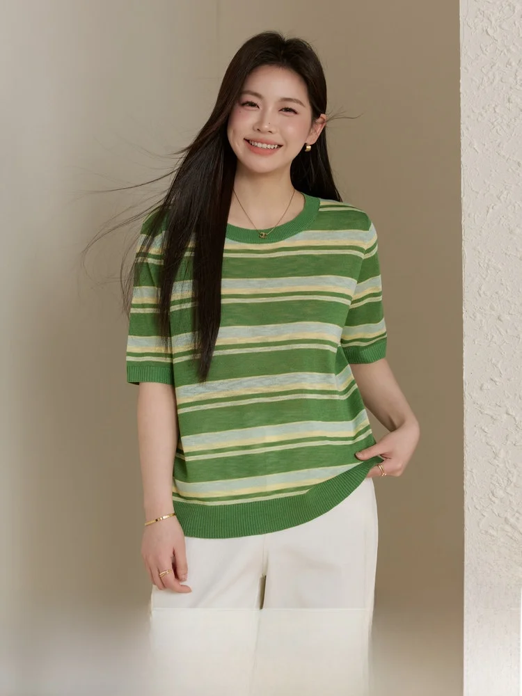 

Loose Fit Striped Knitwear round Neck Casual Summer New Style plus Size Women's Top Comfortable Breathable Regular Sleeve Length