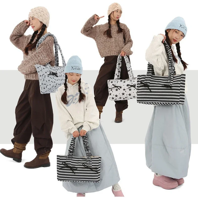 Schultertasche mit Polka-Dot-Schleife und Sternstreifen-Dekor, minimalistische, frische, lässige Nischen-Tragetasche, große Pendler-Handtasche für Damen – Detail 7