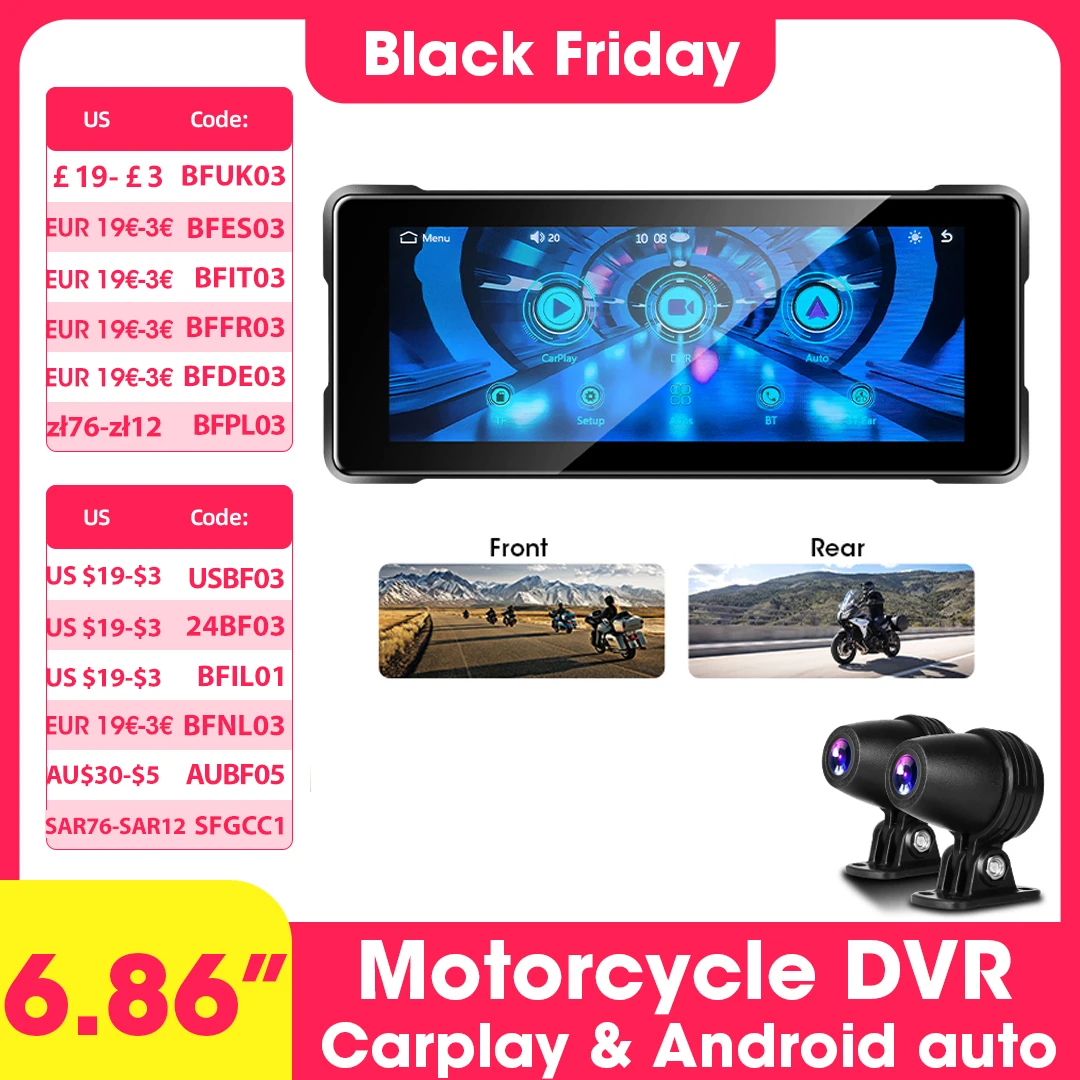 Jansite Motorcycle DVR Dash cam IPS Screen Registrar Wireless Carplay Android auto Waterproof Dual Lens Moto Camera Bluetooth