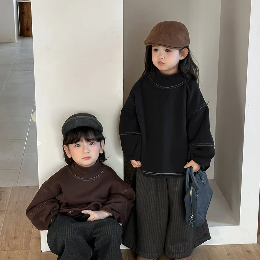Winter Kids High Neck Fleece-lined Sweatshirts Unisex Thickened Thermal Top with Contrast Stitching Baby Toddler Warm Innerwear