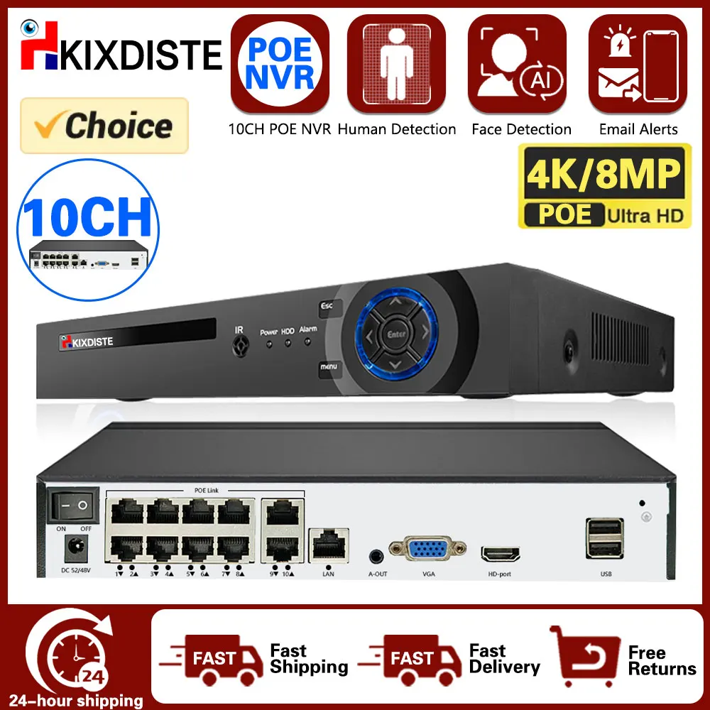 4K 10CH POE Smart NVR (1080p/3MP/4MP/5MP/6MP/8MP/4K) POE Network Video Recorder Supports up to 10 x 8MP/4K IP Camera 8 Channel