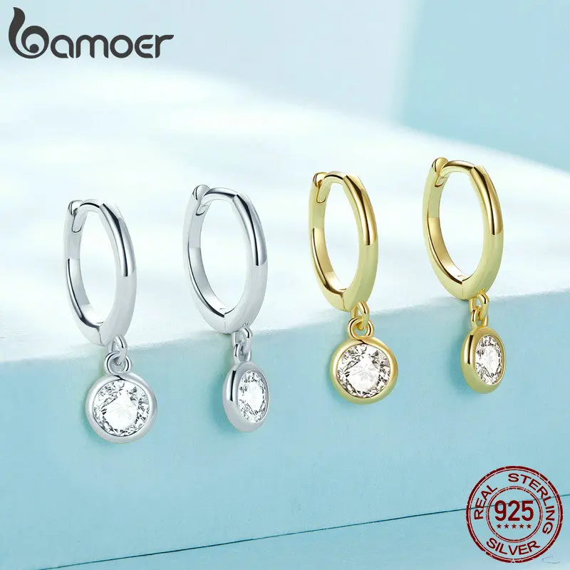 BAMOER 925 Sterling Silver Clear CZ Waterdrop Hoop Earrings for Women, 14K Gold Plated Statement Basic Jewelry 2 Colors SCE830