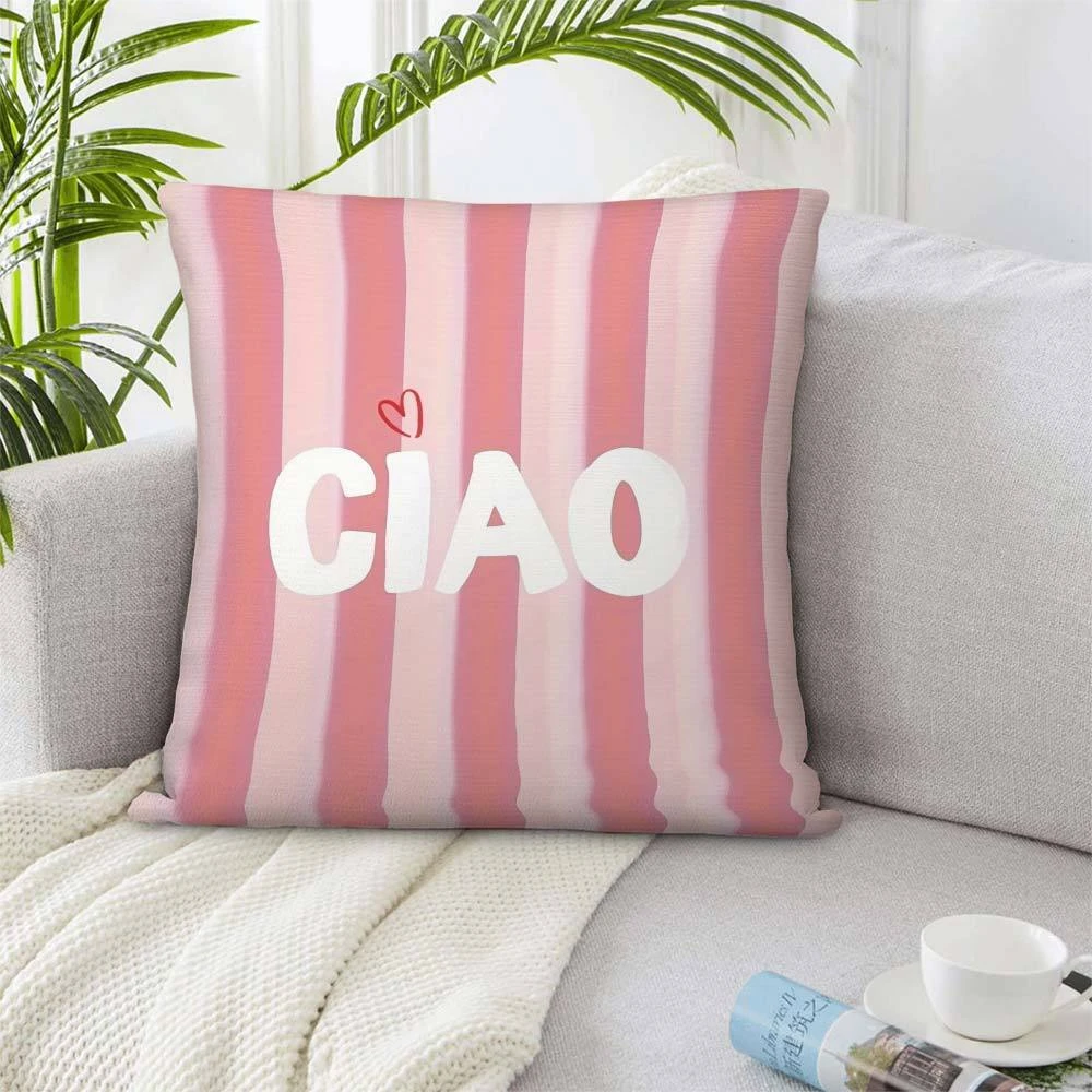 1pc Pastel Pink Striped Ciao Pillow Cover, Polyester 2D Double Sided Print Cushion Case, Minimalist Italian Quote Throw Pillowca