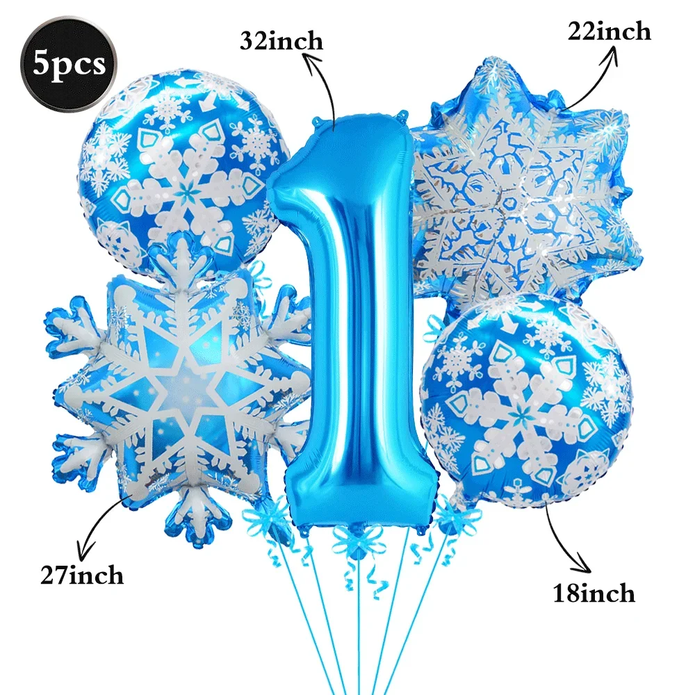 5-teiliges Schneeflocken-Zahlenfolienballons-Set, Blaue Frozen-Themen 32-Zoll-Zahlenballons für Baby-Geburtstag Winter-Party-Dekoration – Detail 3