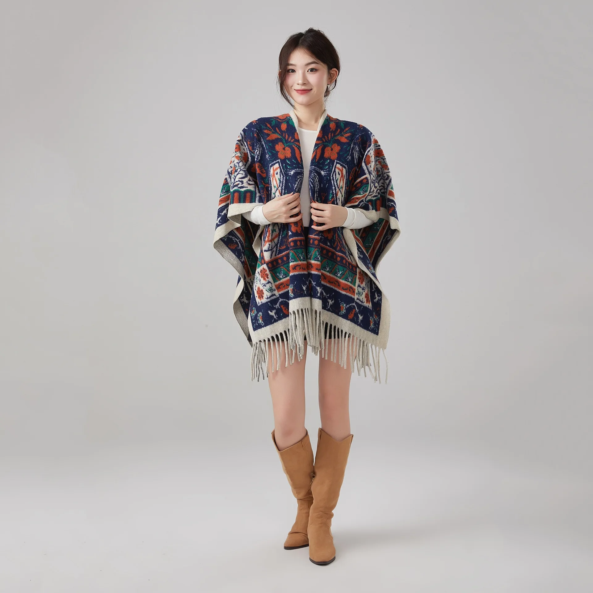 جديد ريترو ليوبارد طباعة شرابة التفاف معطف المرأة ملابس خارجية الراقية سميكة الدافئة ميرينو الصوف على غرار رداء الرأس P1