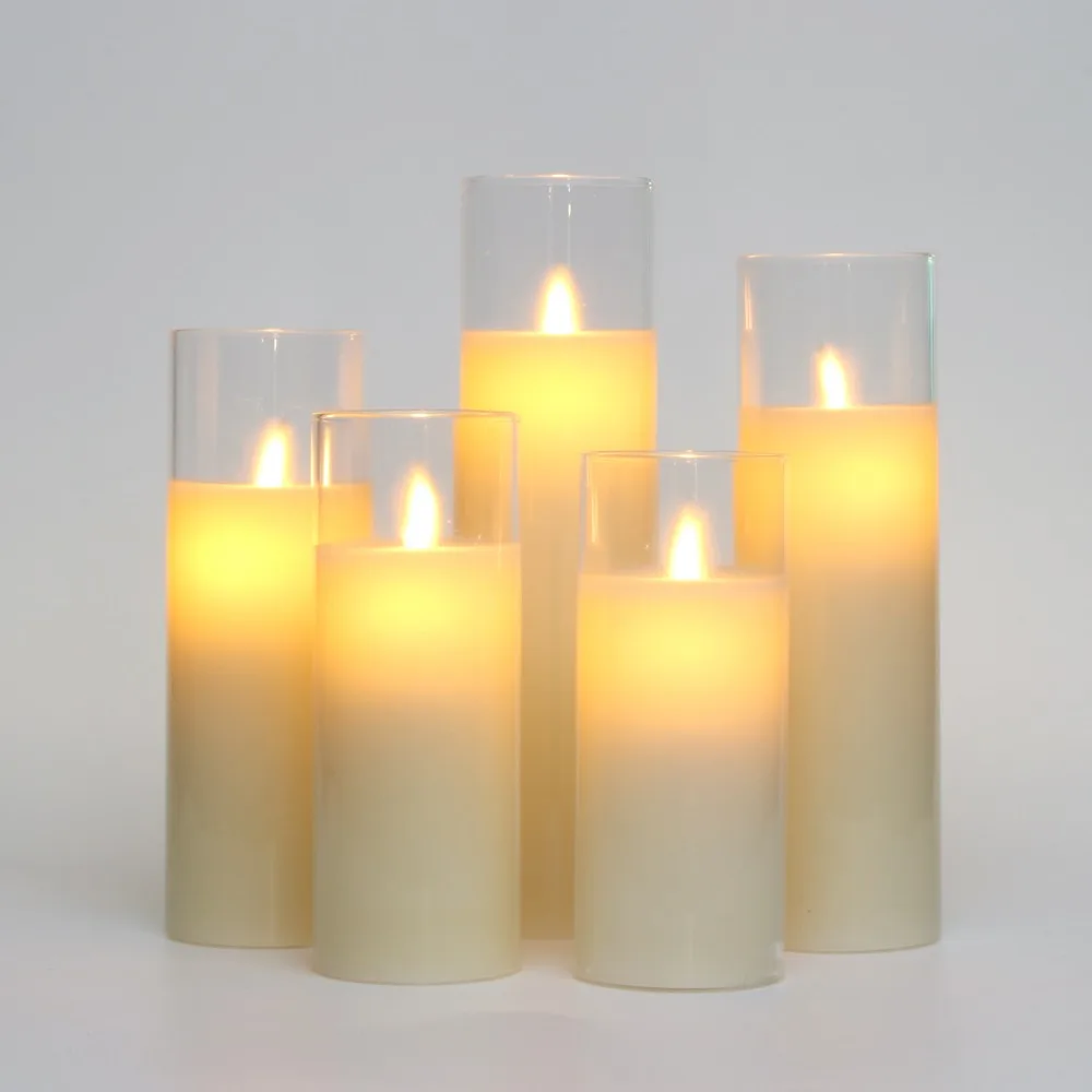 Set of 5 Flickering Flameless Candles, Battery Operated Glass LED Pillar Candles with Remote Control and Timer