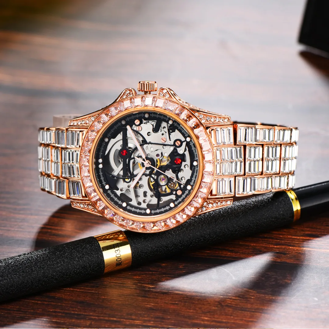 Orologio meccanico automatico Scheletro Hip Hop Business Orologio da polso in oro pregiato Orologi di lusso in oro rosa