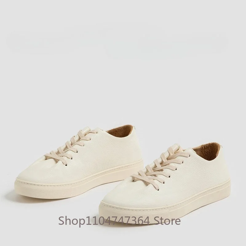 Designer Genuine Leather Casual Shoes Men's White Sneakers Thick Sole Premium Cowhide Breathable Walking Sport Shoes Male Flats