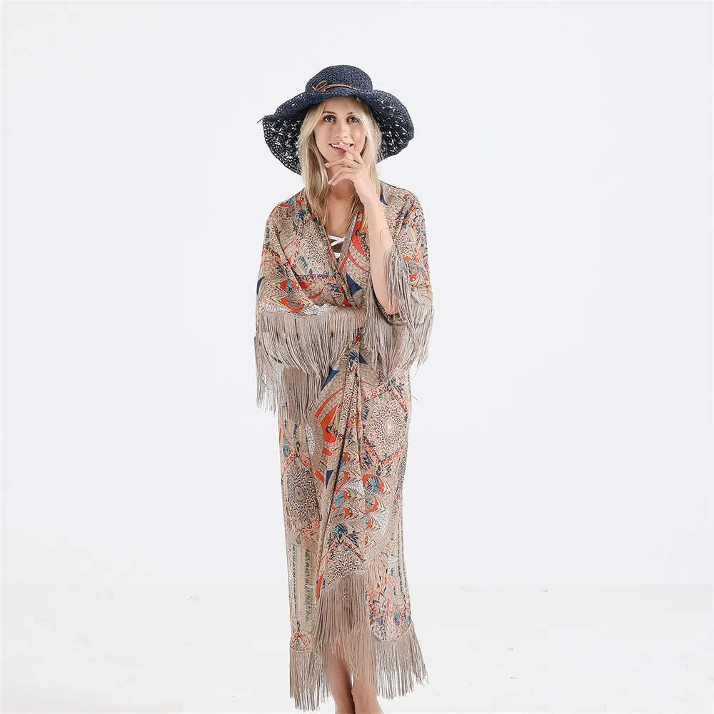 

2021 Retro Printed Half Sleeve Chiffon Cardigan Kimono Boho Fringed Tassels Bikini Cover Up Ankle Length Cape Beach Swimsuit