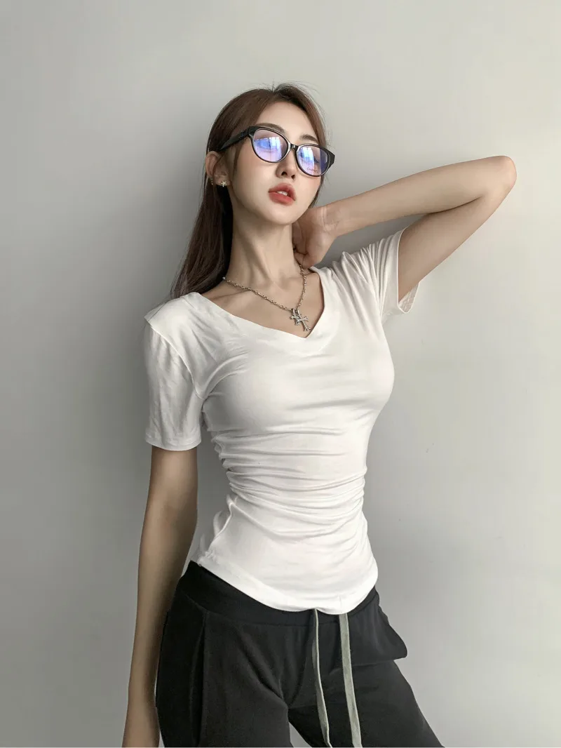 2024 Summer Spicy Girl White Irregular V-neck Waist Cinched Short Sleeved T-shirt Design Sense Slim Mid Length Style Top JJZS