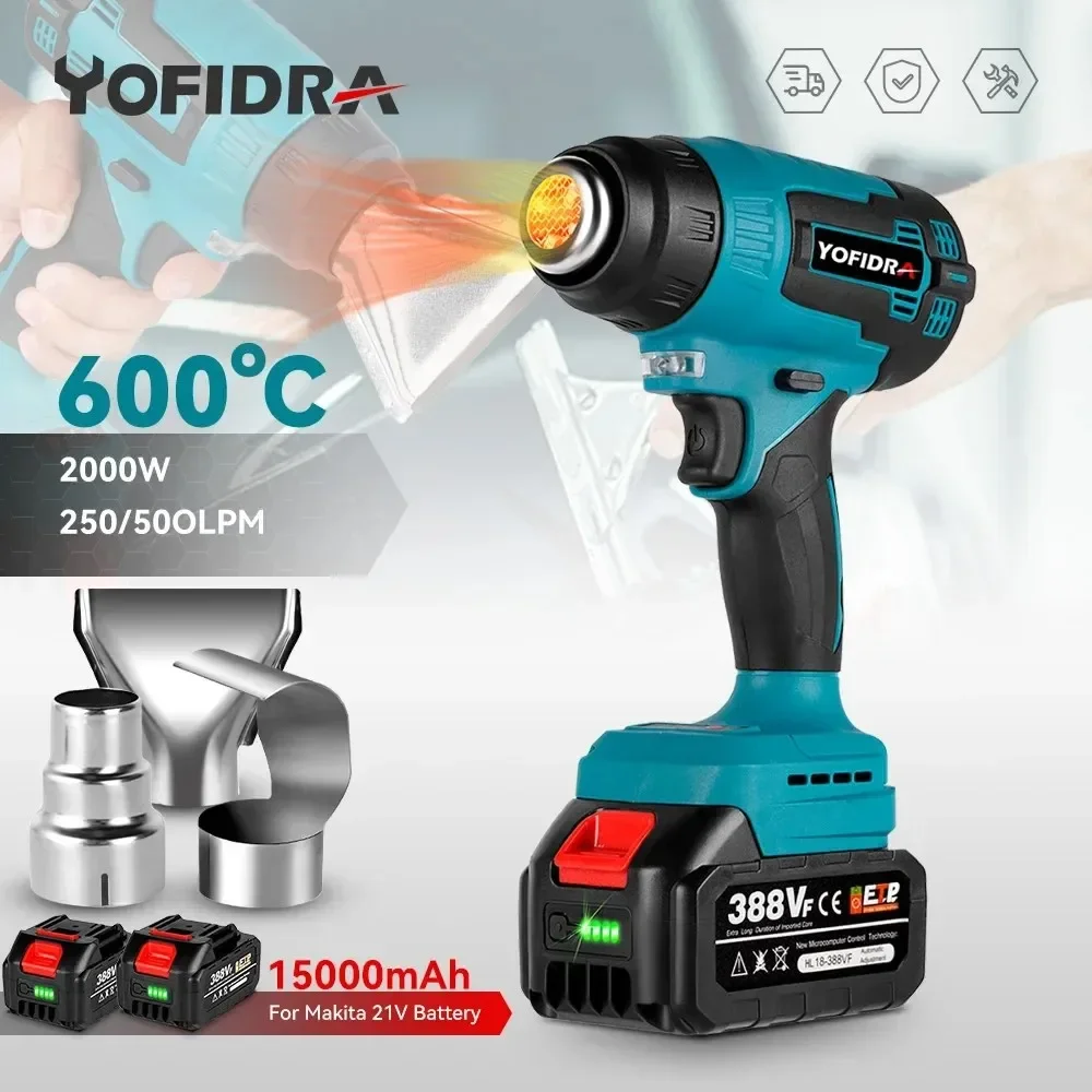 

Yofidra 2000W Electric Heat Gun for Makita 18V Battery Cordless Handheld Hot Air Gun with 3 Nozzles Industrial Home Hair Dryer