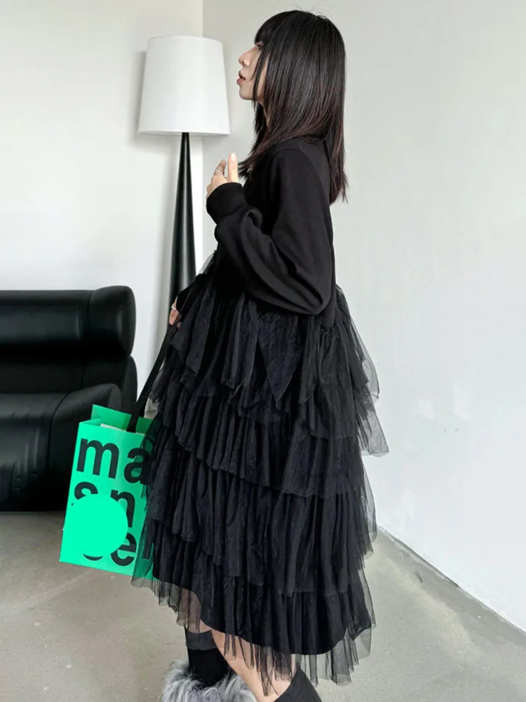 [EAM] Women Black Mesh Spliced Elegant Big Size Mini Dress New Round Neck Long Sleeve Fashion Tide Spring Autumn 2024 1DH6860