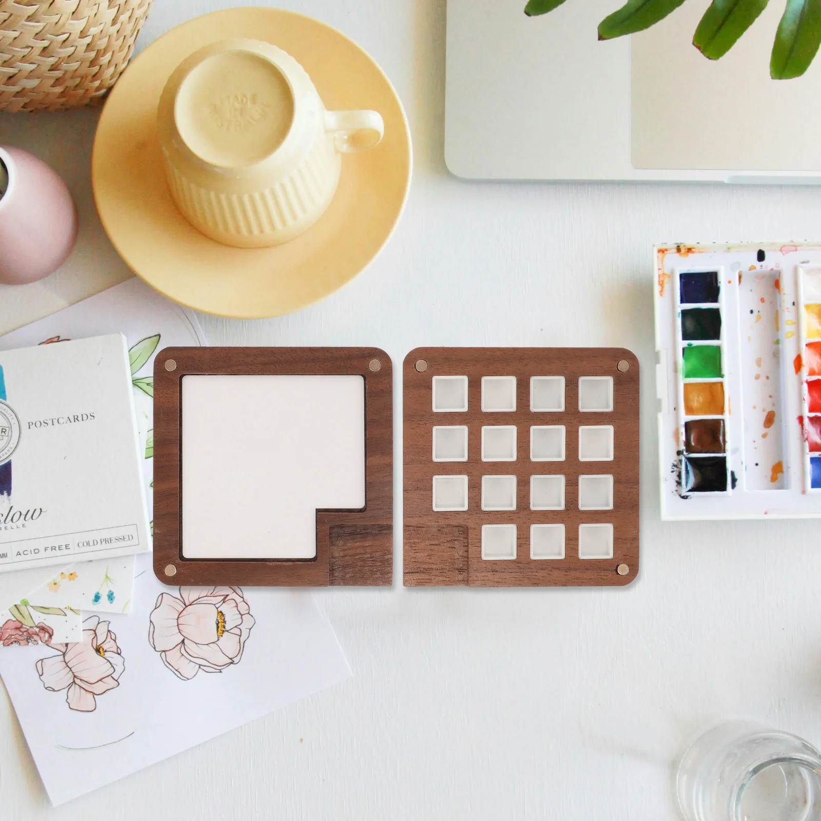 

Wooden Watercolor Palette Empty 15 Grids Portable Paint Black Walnut Mixing Tray Artists Students Travel Classroom