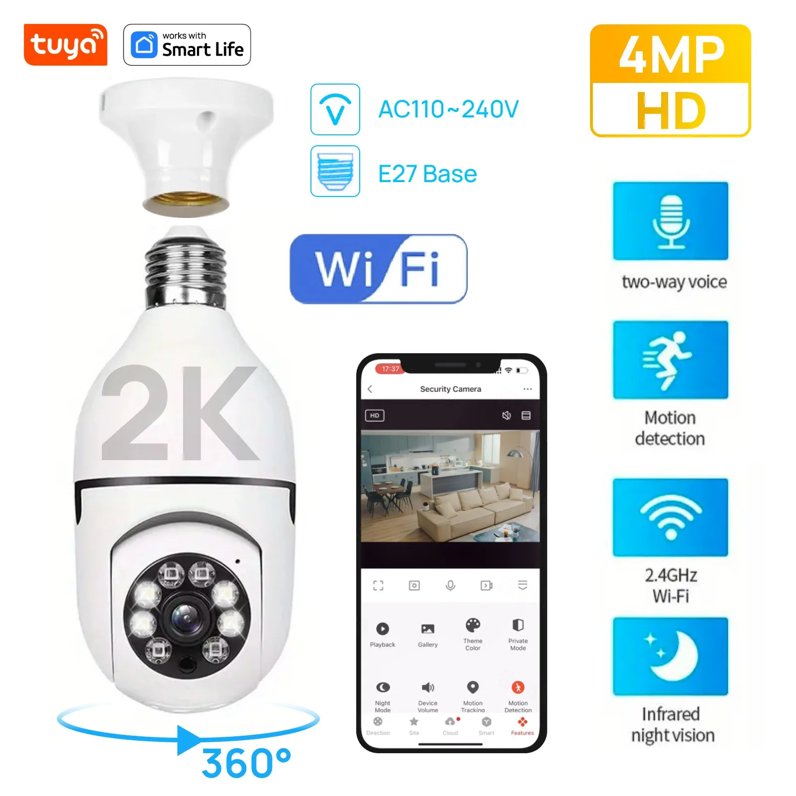 4MP Tuya Smart Home 2.4G E27 Bulb Wifi Surveillance Camera Night Security Video Surveillance Supprt Two Way Audio Mobile Motion