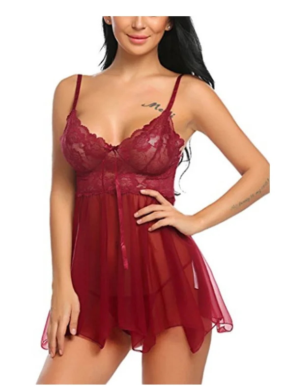 Sexy Low Cut Breast Mesh See Through Lace Lingerie Sleepwear Exotic Dress Female Underwear Nightgown T-String Pajamas Garter