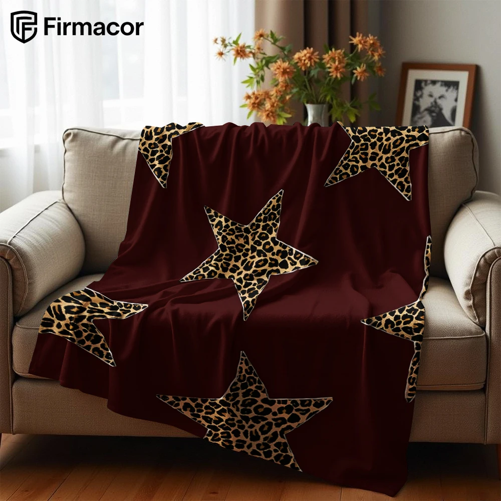 Burgundy Leopard Star Motif Soft Flannel Blanket Breathable Warm Throw for Office Car Sofa Kids Room Birthday Xmas Gift