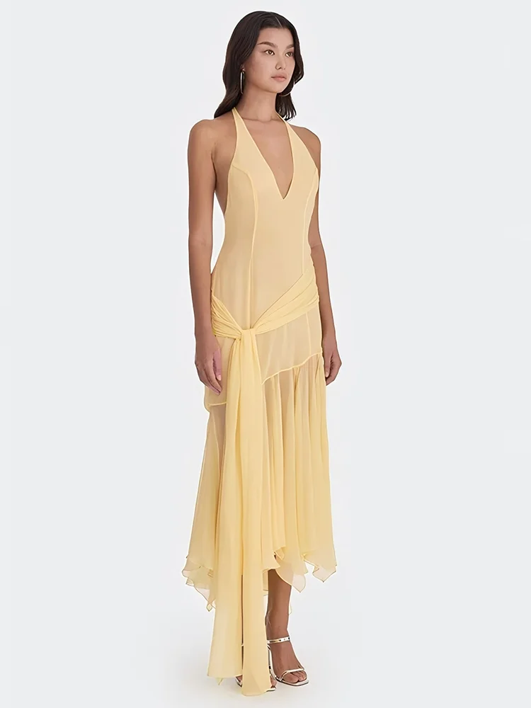 AbsobeชีฟองSheer Maxi Halter Tank Dressผู้หญิงเซ็กซี่ลึกVคอBackless Splicedริบบิ้นSlim A-Lineชุดยาวpartywear