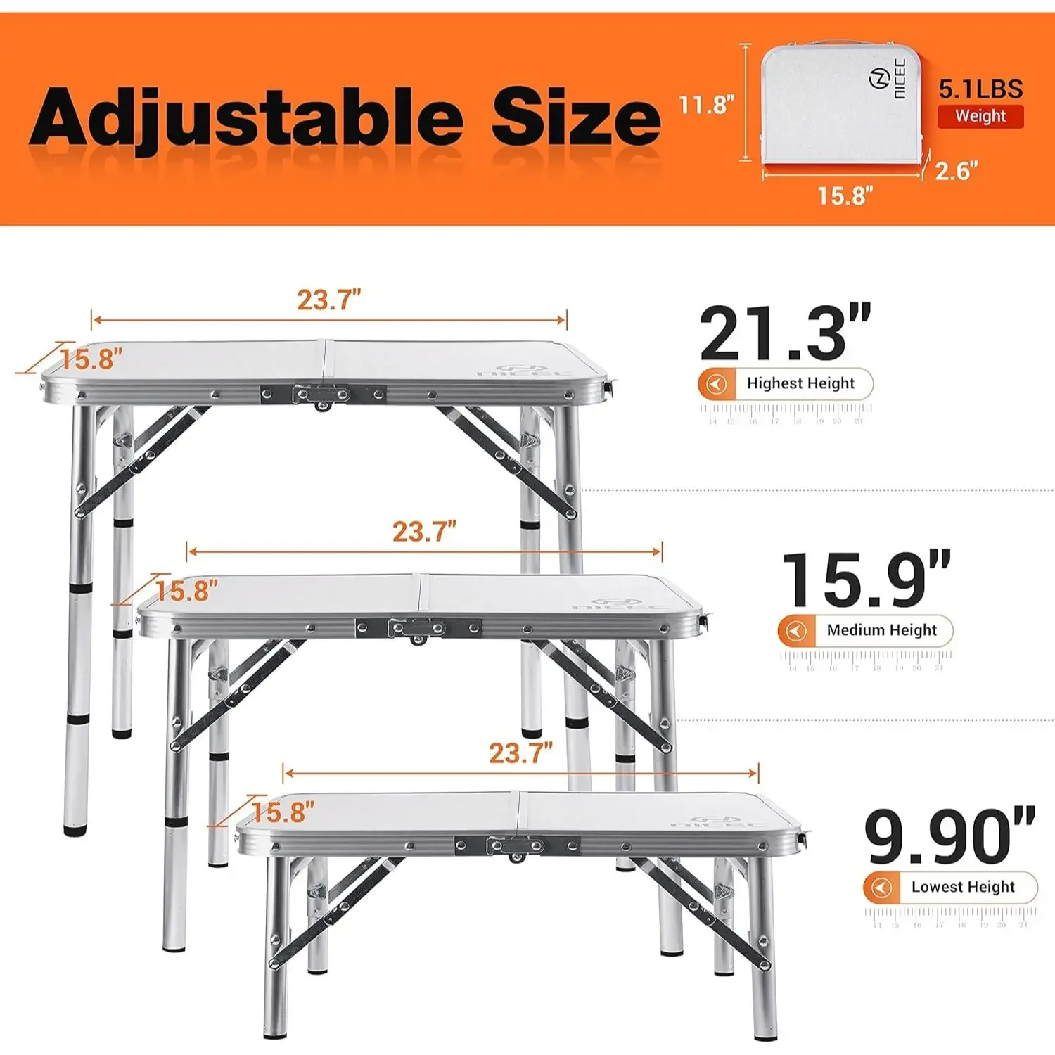 Modern Classic Multifunctional Adjustable Height Folding Table With Handle Suitable For Indoor Outdoor Camping Beach Office Use