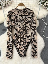 Foamlina Sexy Hollow Out Mesh Bodysuits for Women Fashion Striped Print Stand Collar Long Sleeve Slim Fit Club Party Jumpsuits