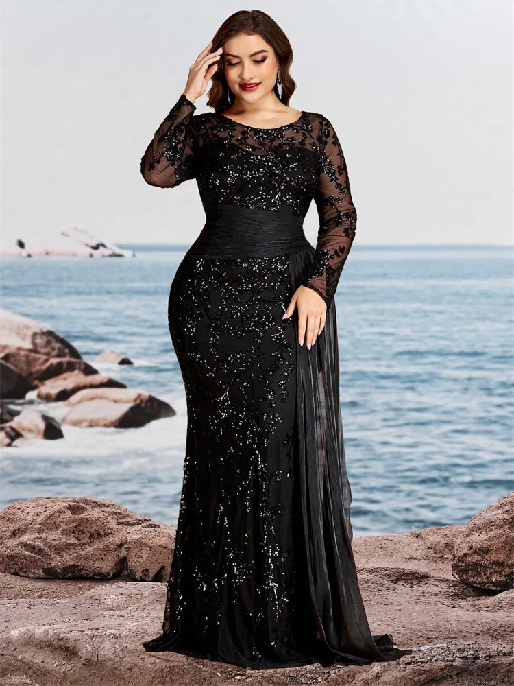 Lucyinlove Plus Size Elegant Long Sleeves Sequins Patchwork Ribbon Pleats Formal Evening Dresses Luxury Mermaid Party Gown Prom view 4