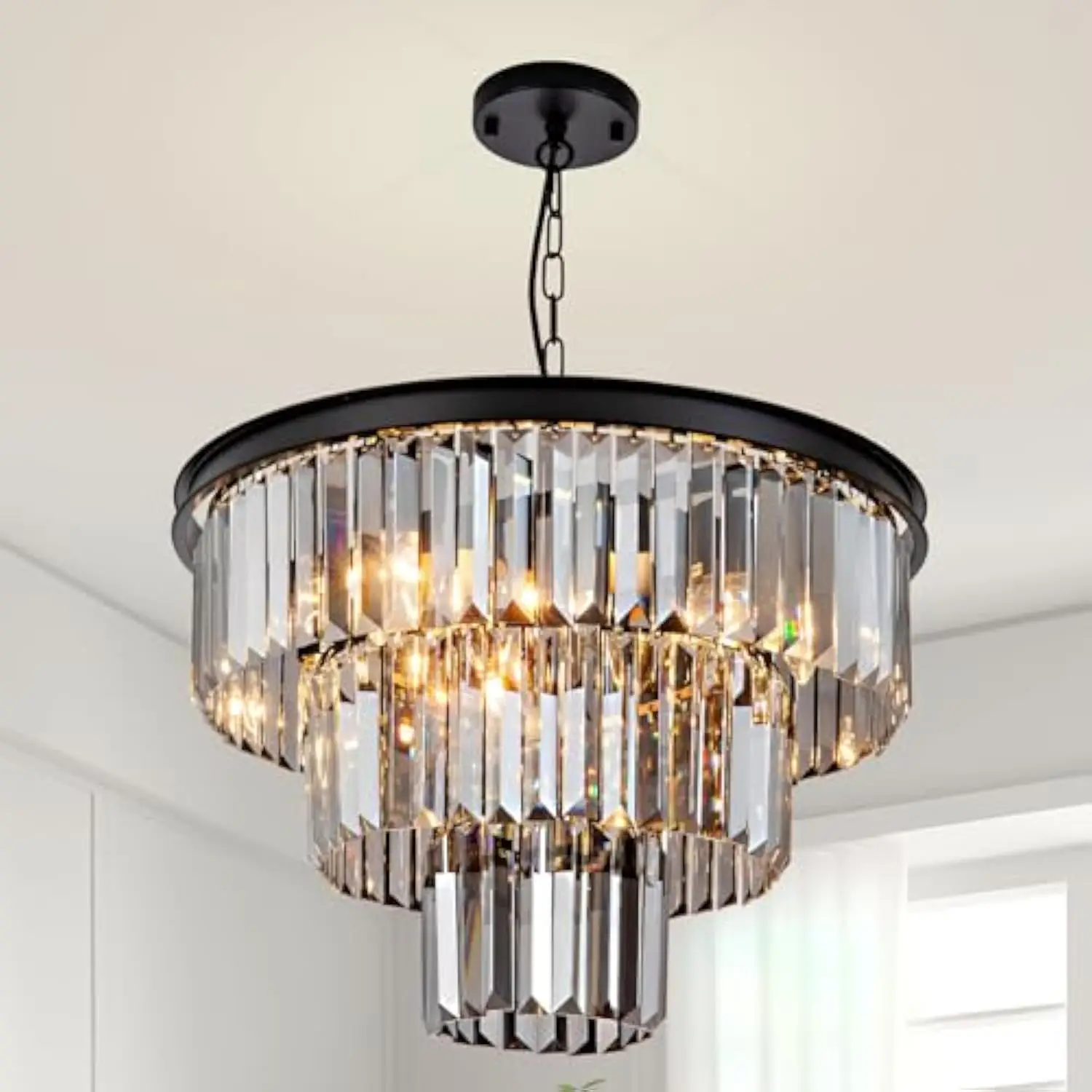 

8 Light Black Crystal Chandelier 20'' Luxury Smoke Modern Dining Room Light Fixture 3-Tier Round Hanging Pendant Ceiling Lighti