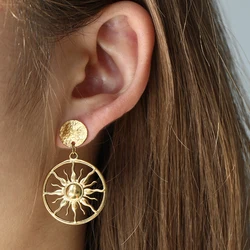 Stainless Steel Earrings Light Luxury Personalized Sunflower Circle Dangle Earrings For Women Jewelry Daily Commuter Matching